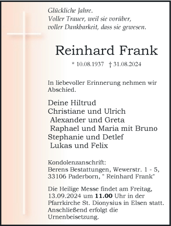 Traueranzeige von Reinhard Frank von Westfalen Blatt