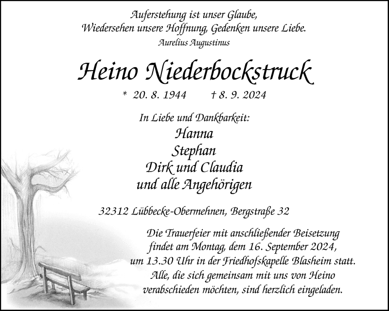  Traueranzeige für Heino Niederbockstruck vom 11.09.2024 aus Westfalen Blatt