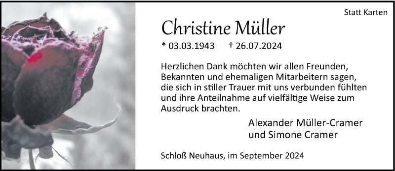  Traueranzeige für Christine Müller vom 07.09.2024 aus Westfalen Blatt