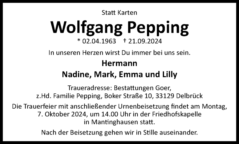  Traueranzeige für Wolfgang Pepping vom 28.09.2024 aus Westfalen Blatt