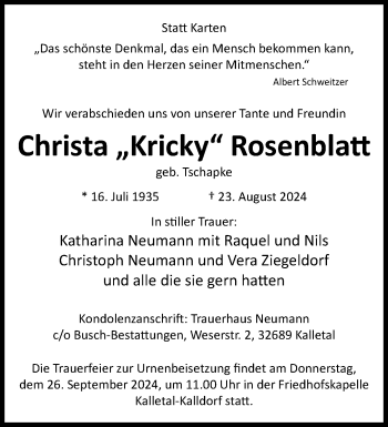 Traueranzeige von Christa Rosenblatt von Westfalen Blatt