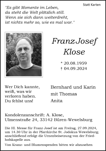 Traueranzeige von Franz Josef Klose von Westfalen Blatt