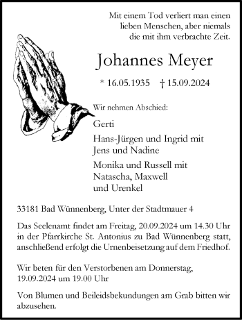 Traueranzeige von Johannes Meyer von Westfalen Blatt