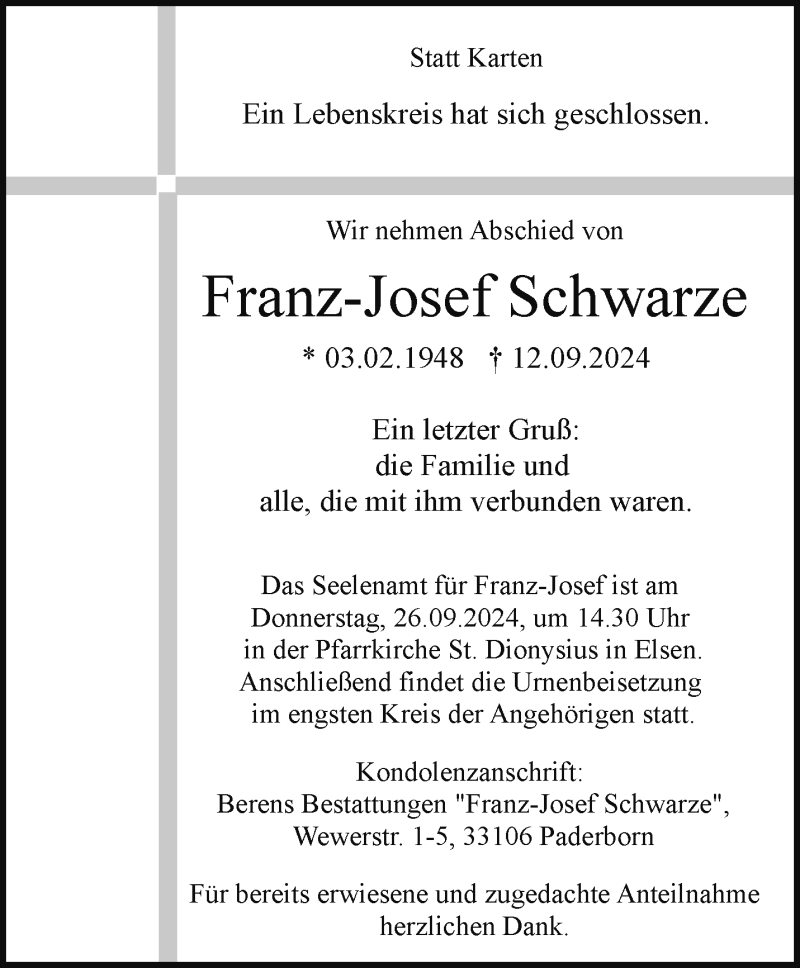  Traueranzeige für Franz-Josef Schwarze vom 21.09.2024 aus Westfalen Blatt