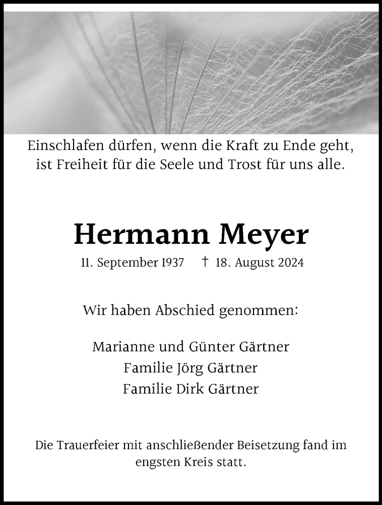  Traueranzeige für Hermann Meyer vom 14.09.2024 aus Westfalen Blatt