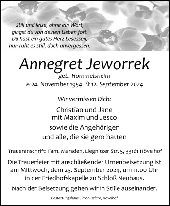 Traueranzeige von Annegret Jeworrek von Westfalen Blatt