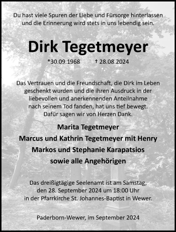 Traueranzeige von Dirk Tegetmeyer von Westfalen Blatt