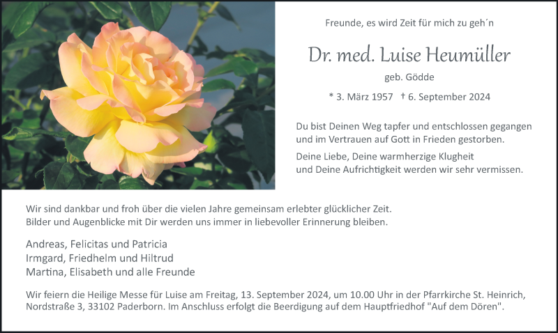 Traueranzeige für Dr. med. Luise Heumüller vom 11.09.2024 aus Westfalen Blatt