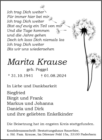 Traueranzeige von Marita Krause von Westfalen Blatt