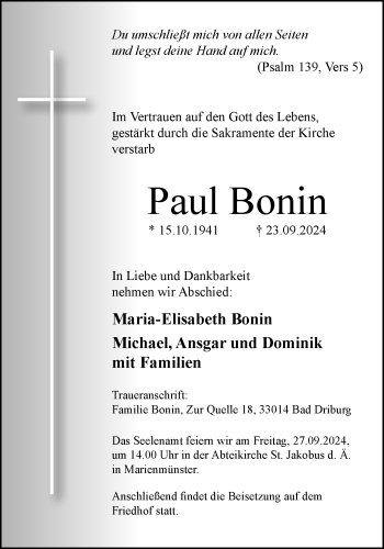Traueranzeige von Paul Bonin von Westfalen Blatt