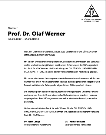 Traueranzeige von Prof. Dr. Olaf Werner von Westfalen Blatt