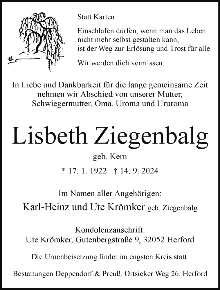  Traueranzeige für Lisbeth Ziegenbalg vom 21.09.2024 aus Westfalen Blatt
