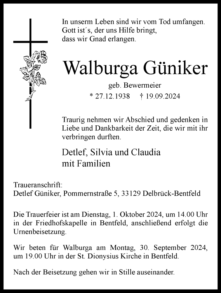  Traueranzeige für Walburga Güniker vom 25.09.2024 aus Westfalen Blatt
