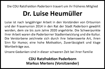 Traueranzeige von Dr. med. Luise Heumüller von Westfalen Blatt