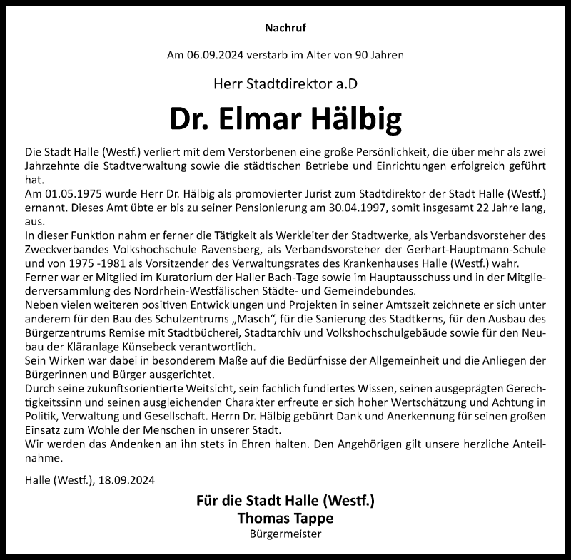  Traueranzeige für Dr. Elmar Hälbig vom 18.09.2024 aus Westfalen Blatt