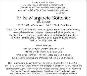 Traueranzeige von Erika Margarete Böttcher von Westfalen Blatt