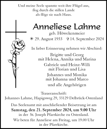 Traueranzeige von Anneliese Lahme von Westfalen Blatt