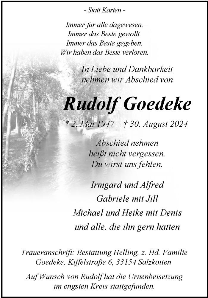  Traueranzeige für Rudolf Goedeke vom 21.09.2024 aus Westfalen Blatt