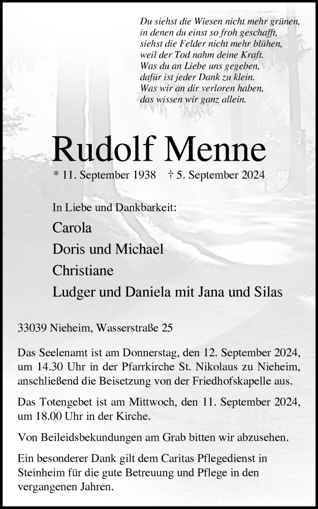  Traueranzeige für Rudolf Menne vom 09.09.2024 aus Westfalen Blatt