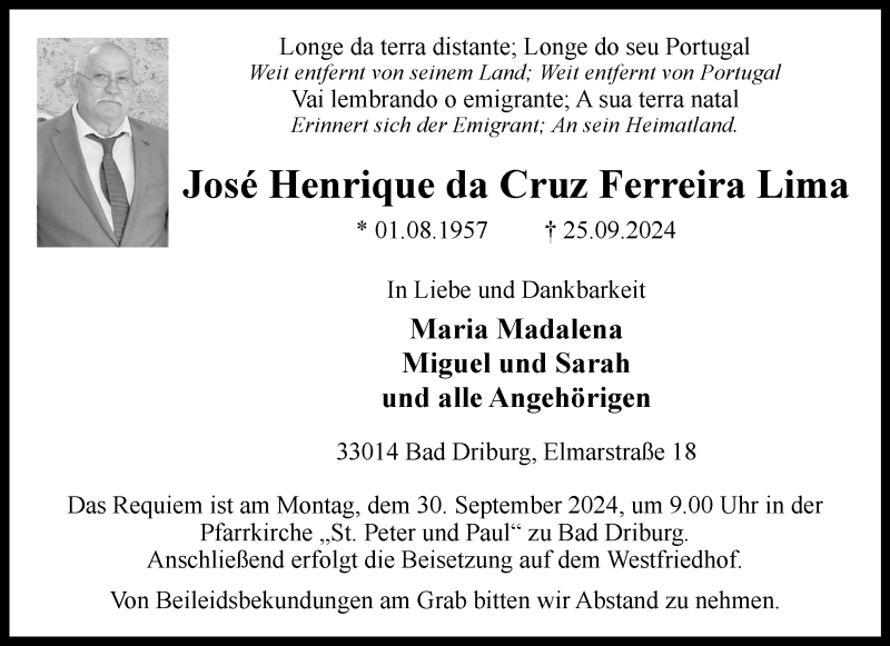  Traueranzeige für José Henrique da Cruz Ferreira Lima vom 28.09.2024 aus Westfalen Blatt