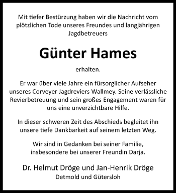 Traueranzeige von Günter Hames von Westfalen Blatt