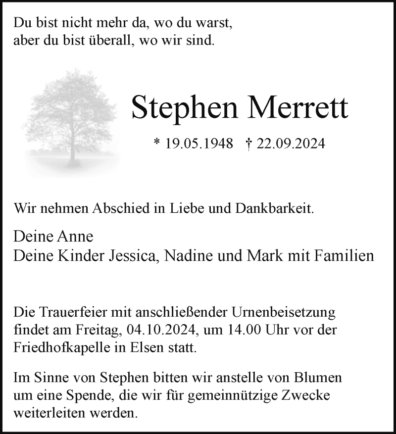  Traueranzeige für Stephen Merrett vom 28.09.2024 aus Westfalen Blatt