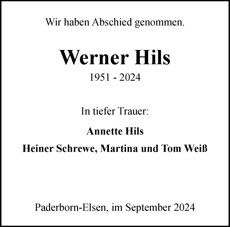  Traueranzeige für Werner Hils vom 21.09.2024 aus Westfalen Blatt