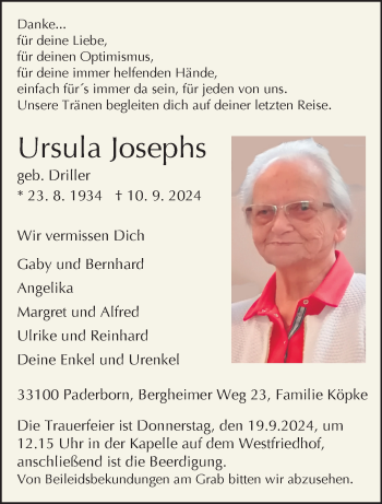 Traueranzeige von Ursula Josephs von Westfalen Blatt