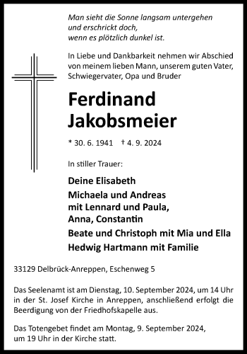 Traueranzeige von Ferdinand Jakobsmeier von Westfalen Blatt
