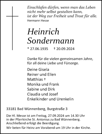 Traueranzeige von Heinrich Sondermann von Westfalen Blatt