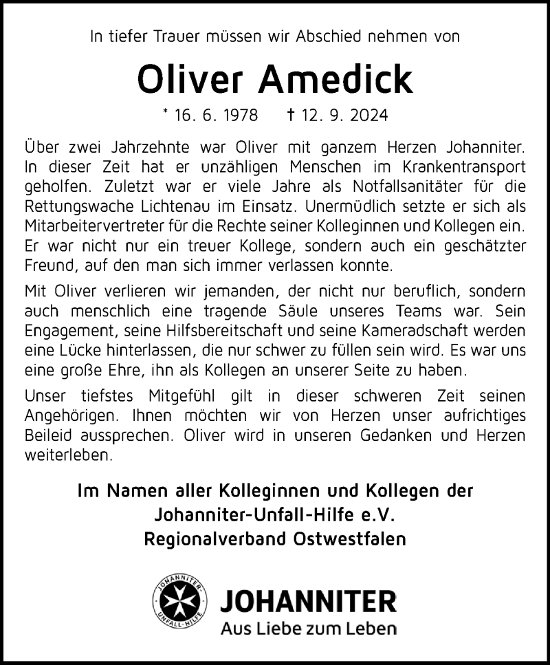  Traueranzeige für Oliver Amedick vom 21.09.2024 aus Westfalen Blatt