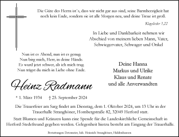 Traueranzeige von Heinz Radmann von Westfalen Blatt