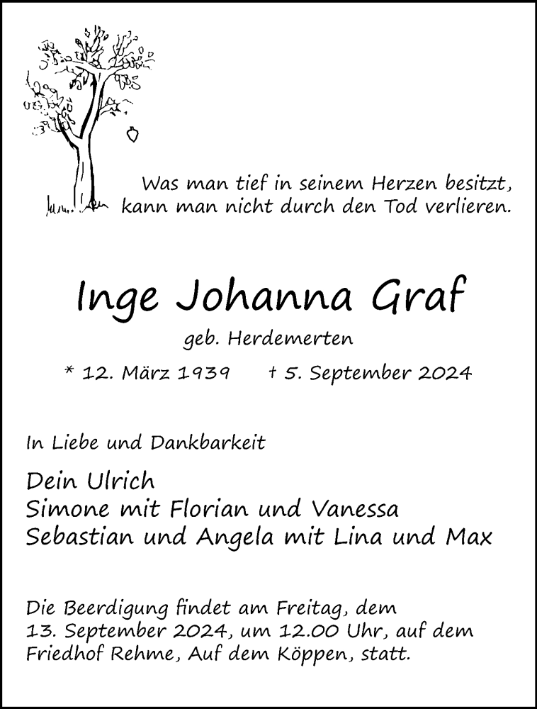  Traueranzeige für Inge Johanna Graf vom 11.09.2024 aus Westfalen Blatt