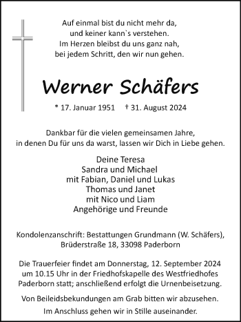 Traueranzeige von Werner Schäfers von Westfalen Blatt