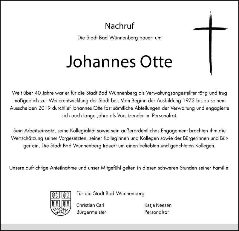  Traueranzeige für Johannes Otte vom 26.09.2024 aus Westfalen Blatt
