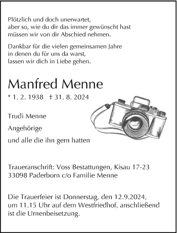 Traueranzeige von Manfred Menne von Westfalen Blatt