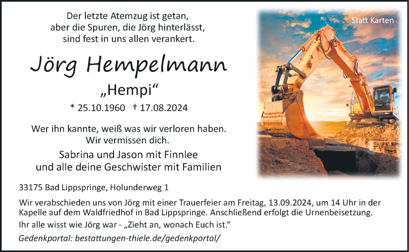  Traueranzeige für Jörg Hempelmann vom 07.09.2024 aus Westfalen Blatt