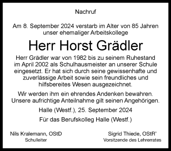 Traueranzeige von Horst Grädler von Westfalen Blatt