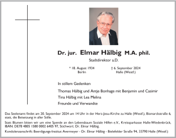Traueranzeige von Dr. Jur. Elmar Hälbig von Westfalen Blatt