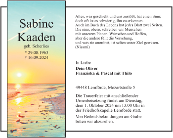 Traueranzeige von Sabine Kaaden von Westfalen Blatt