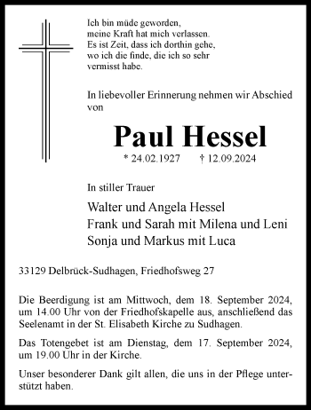 Traueranzeige von Paul Hessel von Westfalen Blatt