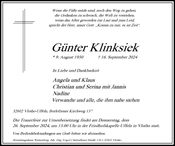 Traueranzeige von Günter Klinksiek von Westfalen Blatt